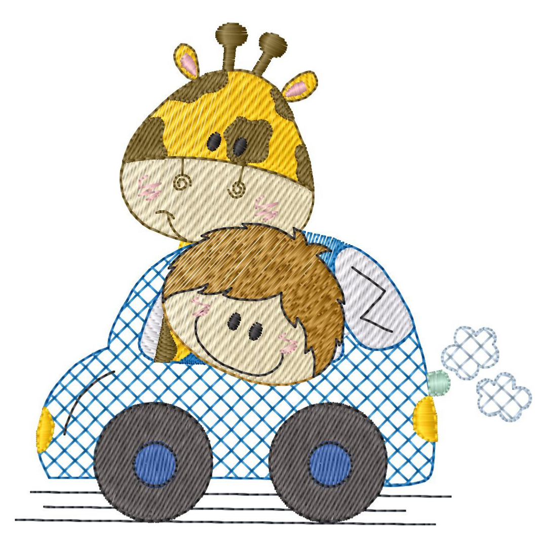 Niño y Su Jirafa en Carrito