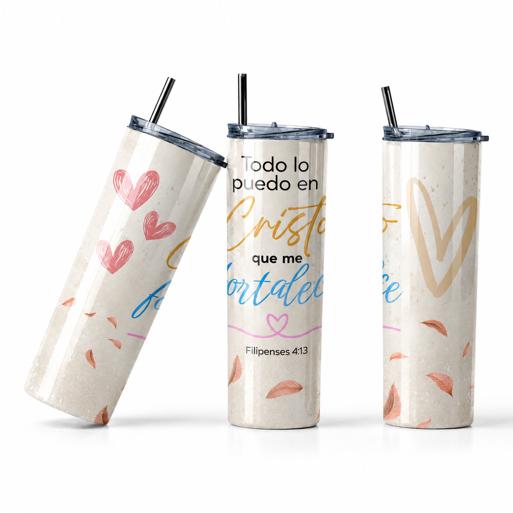 Tumbler Cristiano "Todo lo Puedo en Cristo" – Filipenses 4:13 | 20oz Skinny