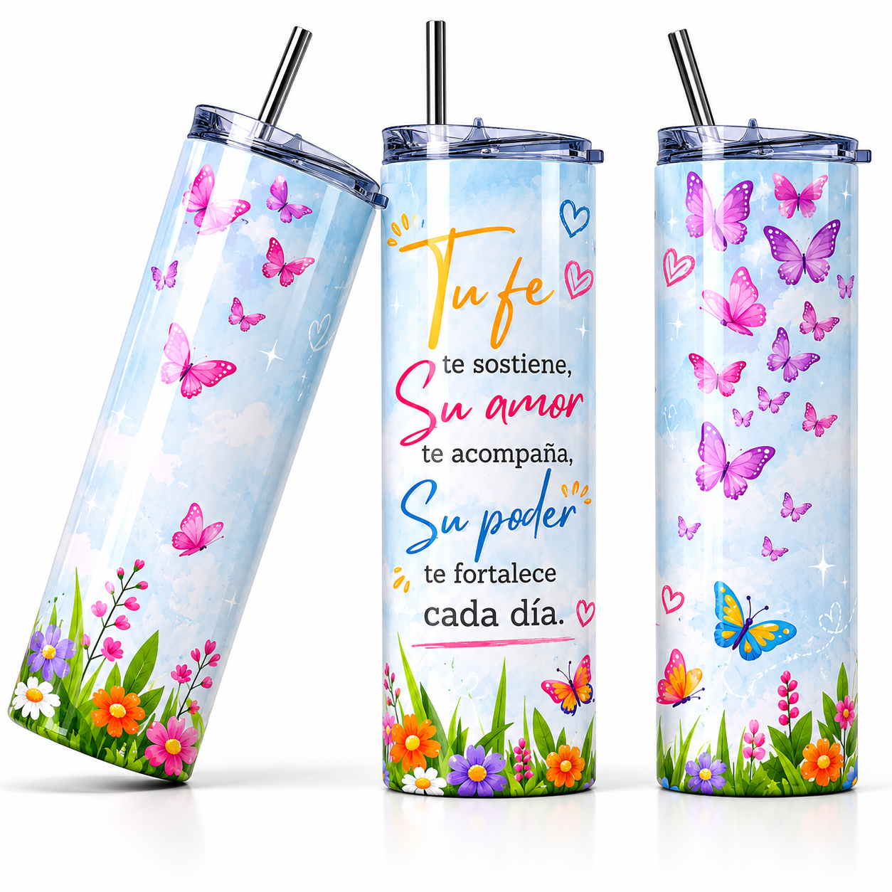 Tumbler Inspiracional "Tu Fe Te Sostiene" – Diseño de Mariposas| 20oz Skinny