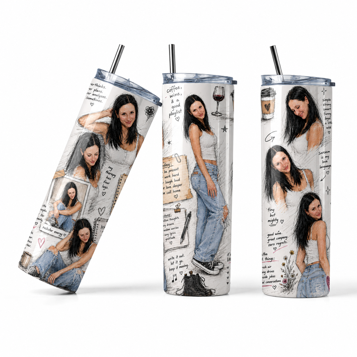 Tumbler Personalizado "Ella, Sin Filtros" – Diseño Sketch Inspiracional para Mujeres | 20oz Skinny