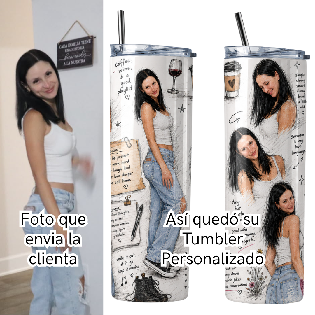 Tumbler Personalizado "Ella, Sin Filtros" – Diseño Sketch Inspiracional para Mujeres | 20oz Skinny
